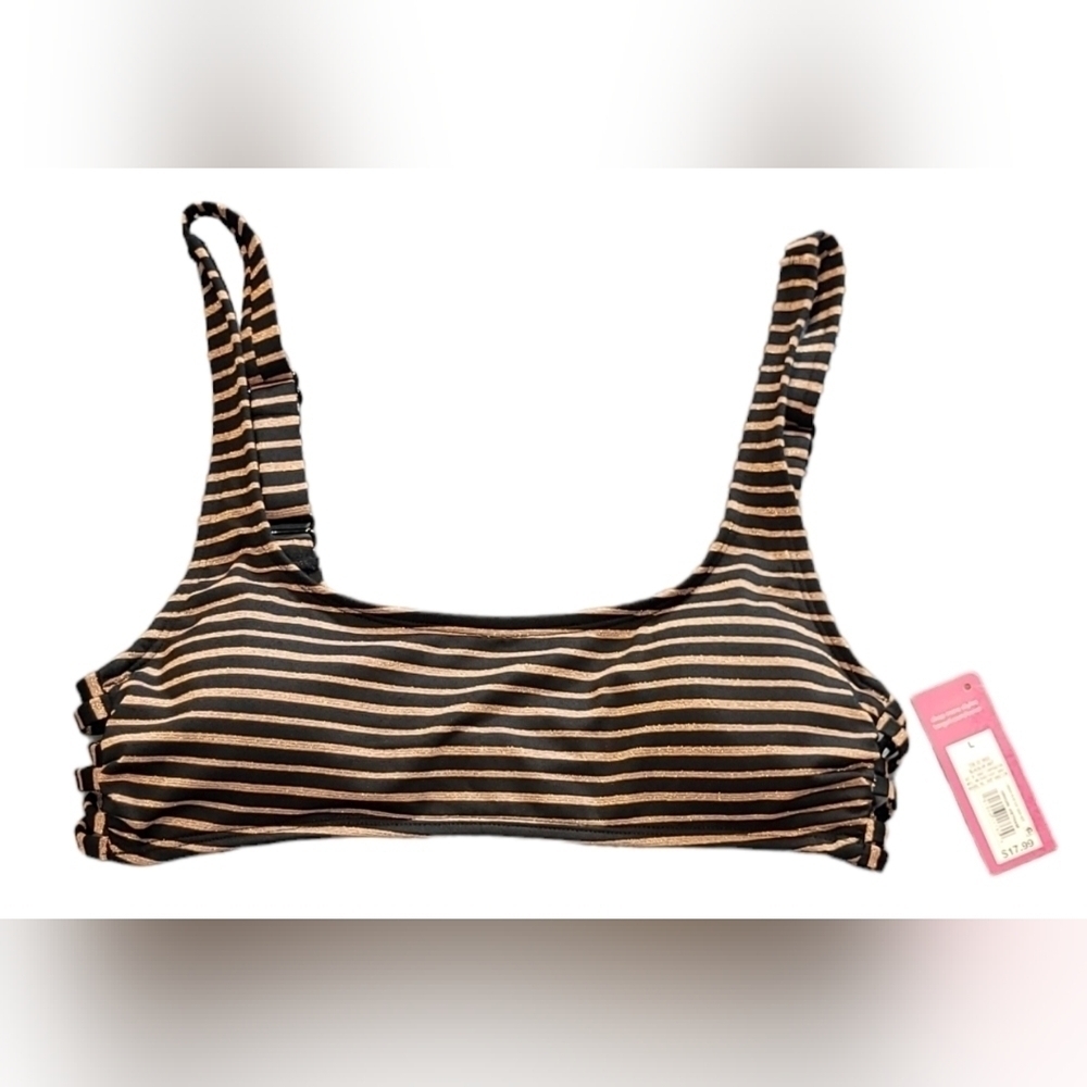 Xhilaration Junior's Bikini Top Black/Bronze Wireless Lined Striped Swimwear